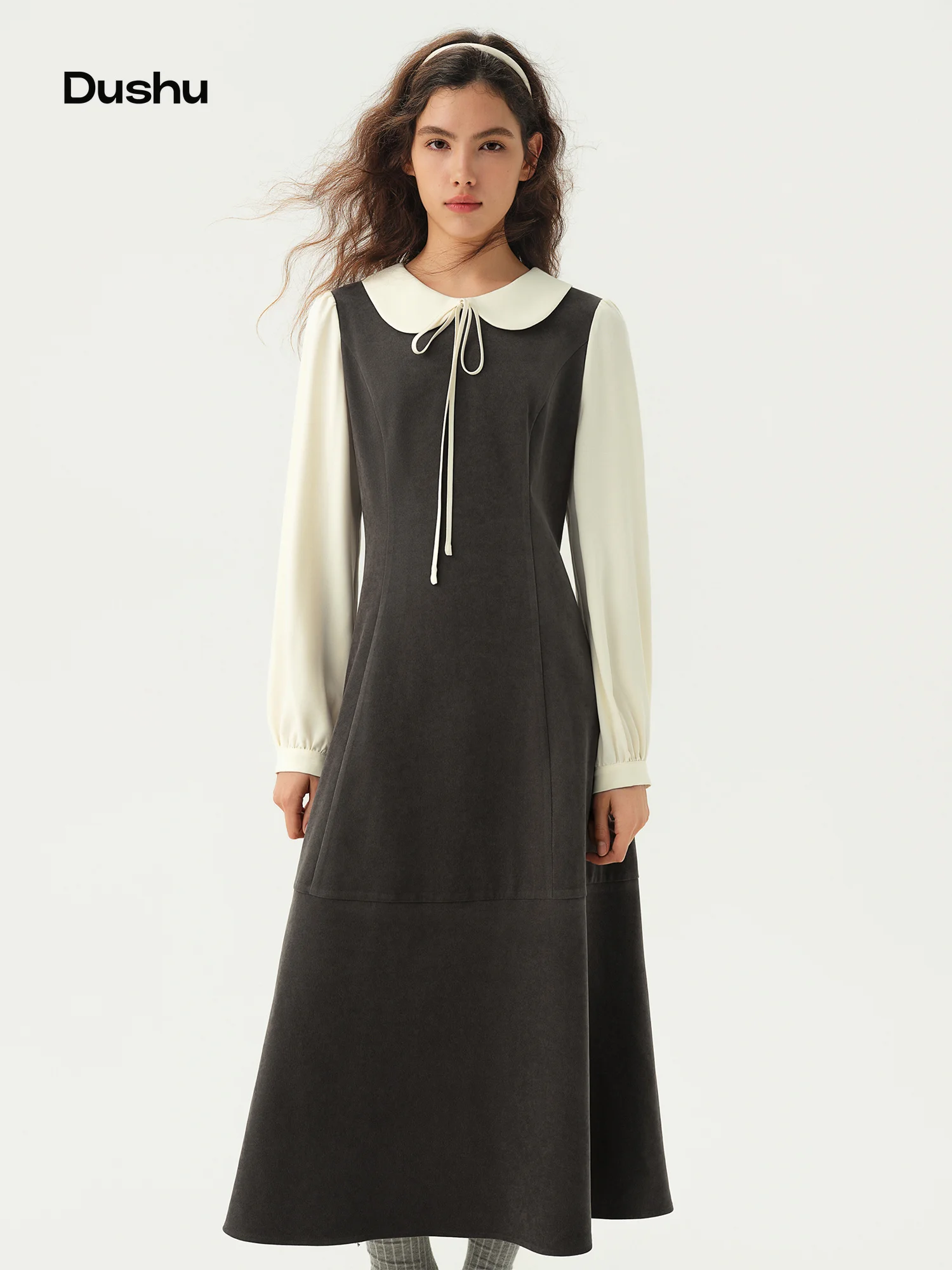 DUSHU Color‑Contrast Peter‑Pan Collar Faux Two‑Piece Long Dress 2026 Winter New Sweet Youthful Tie‑Waist Dress for Curvy Ladies