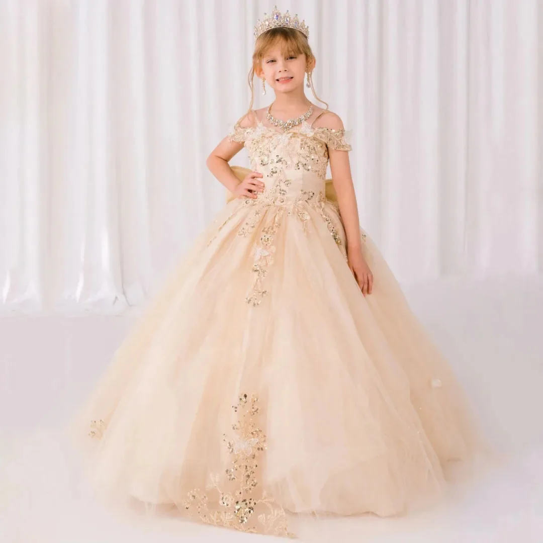

Elegant Champagne Sequins Flower Girl Dress For Wedding Appliques Floor Length Princess Quinceanera Pageant Ball Gown Customized