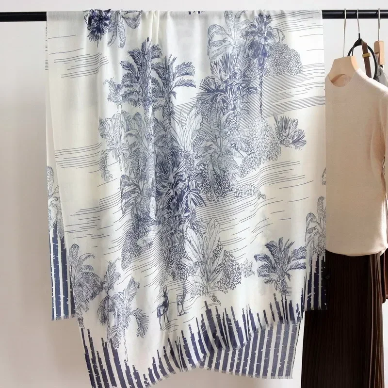 High-end Elegant Women's Fine Tropical Style Palm Print Quality Water Soluble Wool Handmade Fringe Versatile Long Shawl Shawl