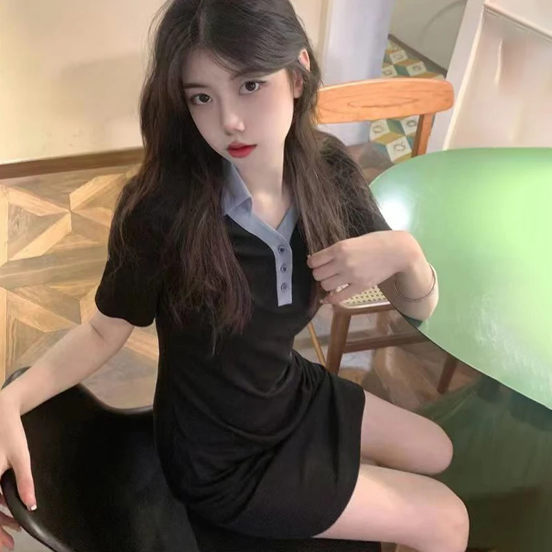Summer New Contrast Color French Lapel Dress Female A-line Slit Skirt Fashionable Women's Short Skirt