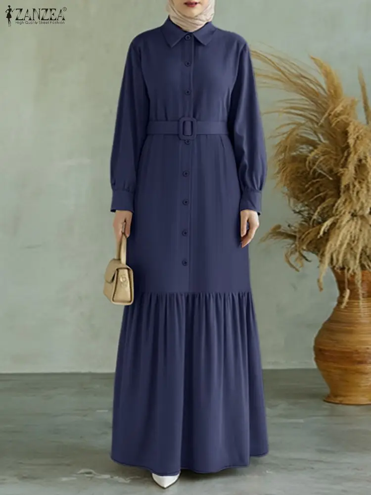 ZANZEA 2025 Eleganckie sukienki biurowe z długim rękawem dla kobiet, długa sukienka maxi na jesień, jednolita, z paskiem, elegancka sukienka z falbanką na dole, sukienki do pracy