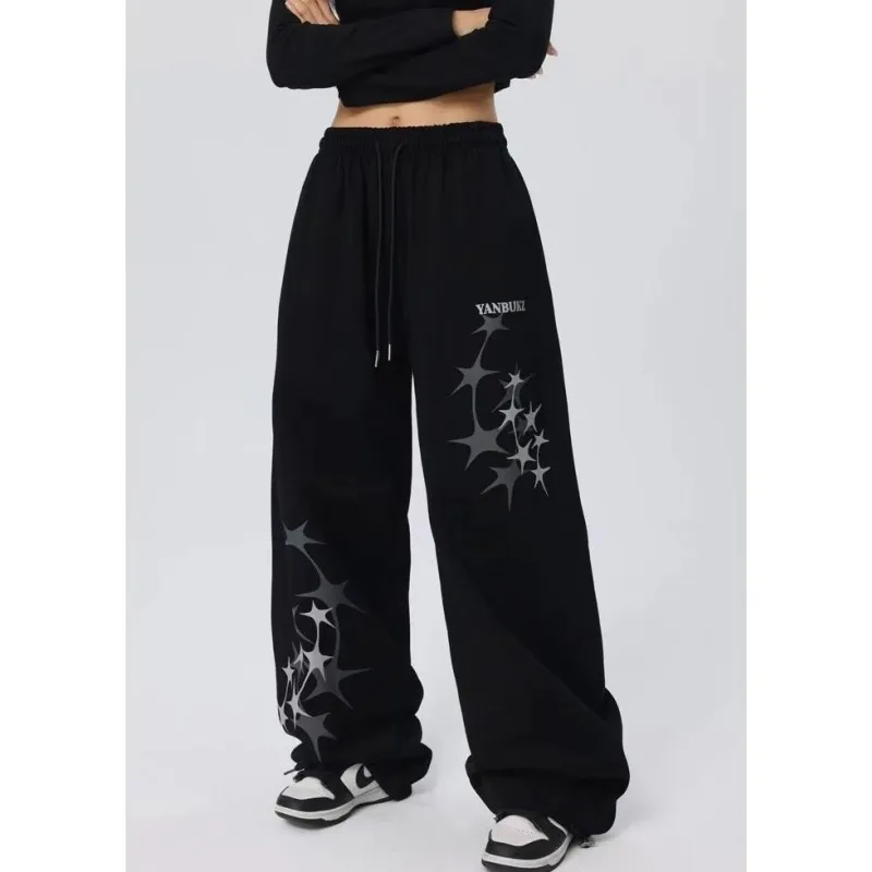 Y2K Streetwear Unisex Summer Quick Dry Wide Leg Trousers Gradient Star Letter Print Drawstring Loose Hip Hop Dance Long Pants