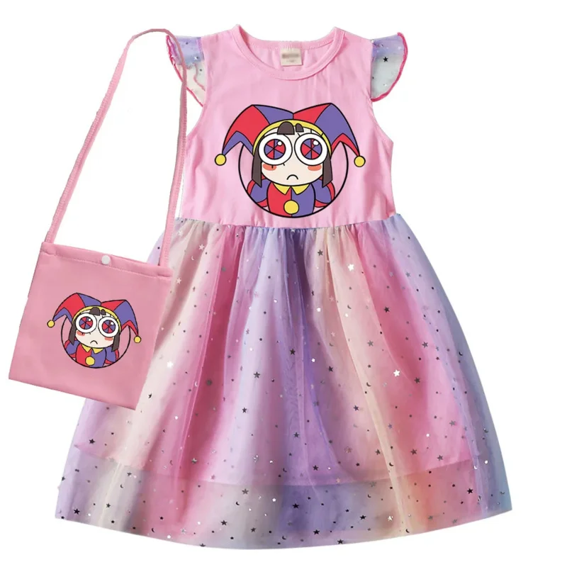 New Movie The Amazing Digital Circus  Girl Dresses Kids Clothes Carnival Cosplay Costume Children Short Sleeve Casual Dress bag