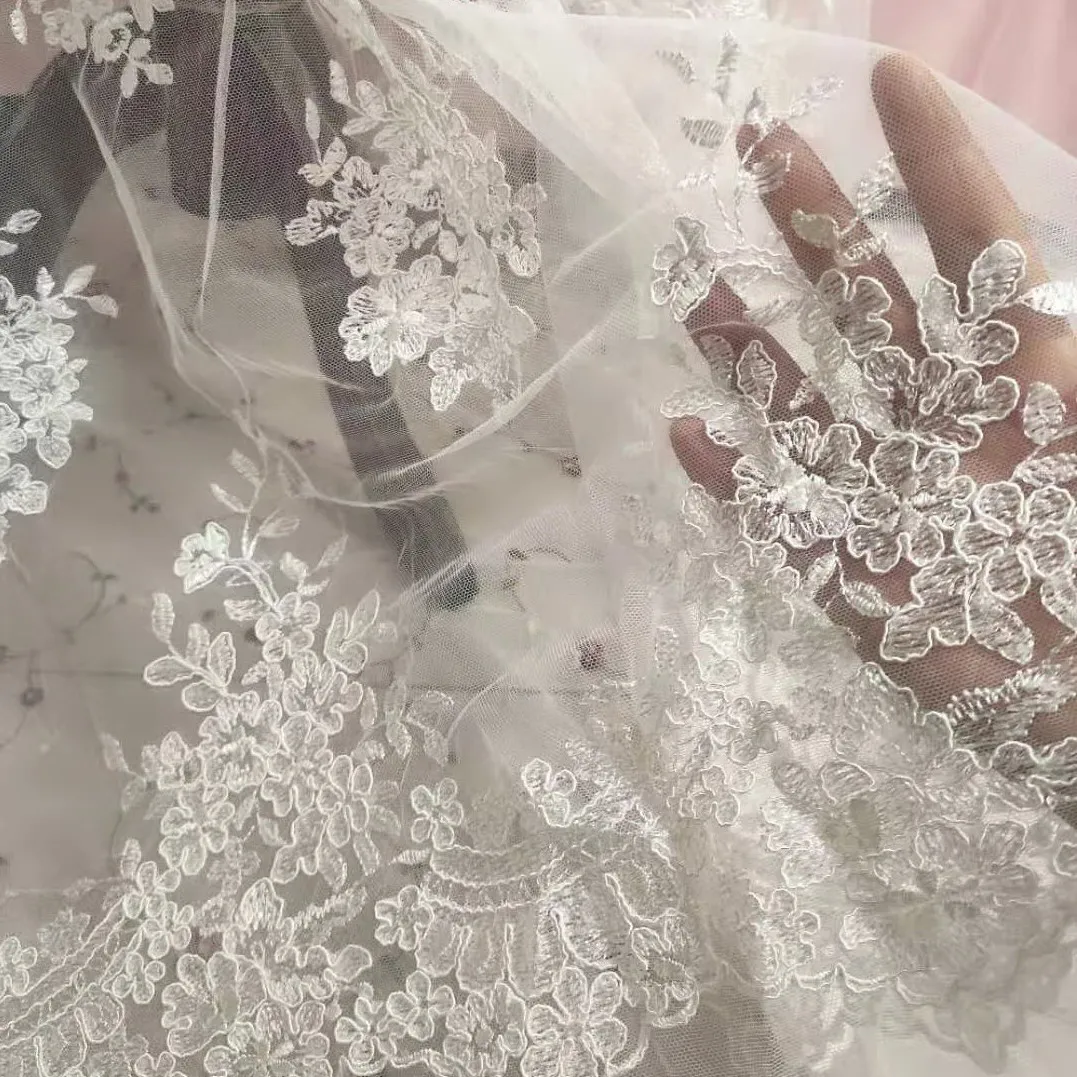

Sales Promotion 3yards Off White Bridal French Net Tulle Lace Fabrics 2022 High Quality Corded Lace Fabrics for Wedding Dress