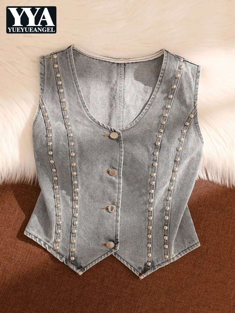 

Vintage Women Casual Sinlge Breasted Beading Denim Vest Spring New Fashion Sleeveless Waistcoat Streetwear Female Outerwear Tops