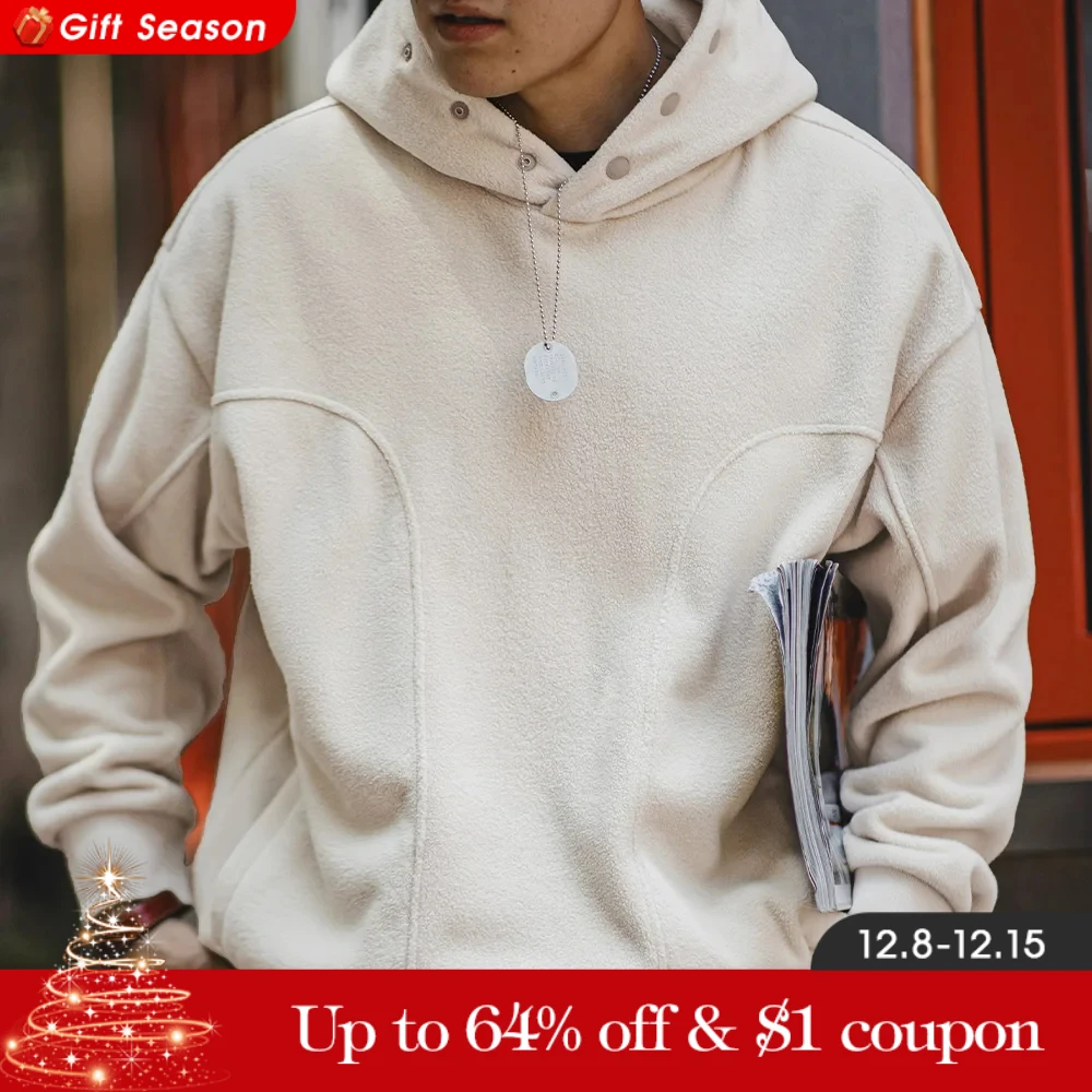 Maden Casual Double-sided Polar Fleece Hooded Sweatshirt with Button Thickened Warm Pullover for Men's Autumn and Winter Hoodie