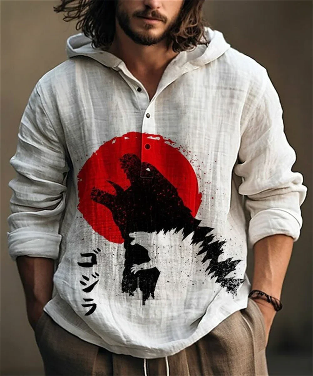 Halloween Hoodie Bamboo Linen Half Placket 3 Button Printed Hooded Shirt Casual Long Sleeve Shirt Men's Sweatshirt