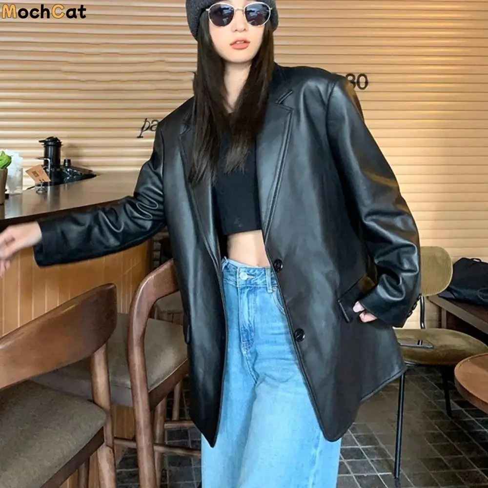 

Y2k Lapel Collar Leather Jacket Women Outerwear Retro Suit Leather Jacket Loose Korean Chic Vintage PU Coats Autumn/Winter