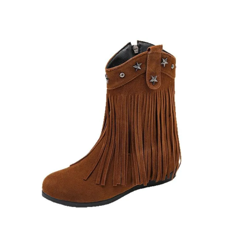 Damskie Retro Lekkie Modne Botki z Frędzlami Okrągły Nosek Podwyższające Krótkie Botki Matowe Botki Cosplay Płaskie Botki Nowe