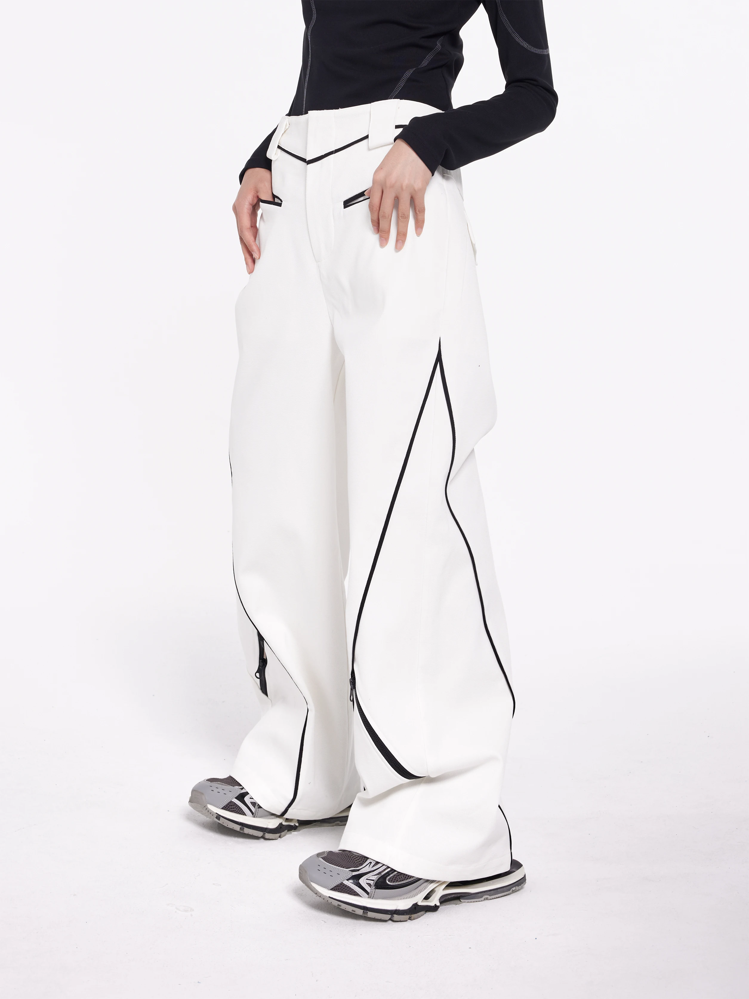 2024 New Men Women Clothing White Panel Design Zipper Casual Trousers Wide Leg Pants Plus Size Singer Costumes 27-46