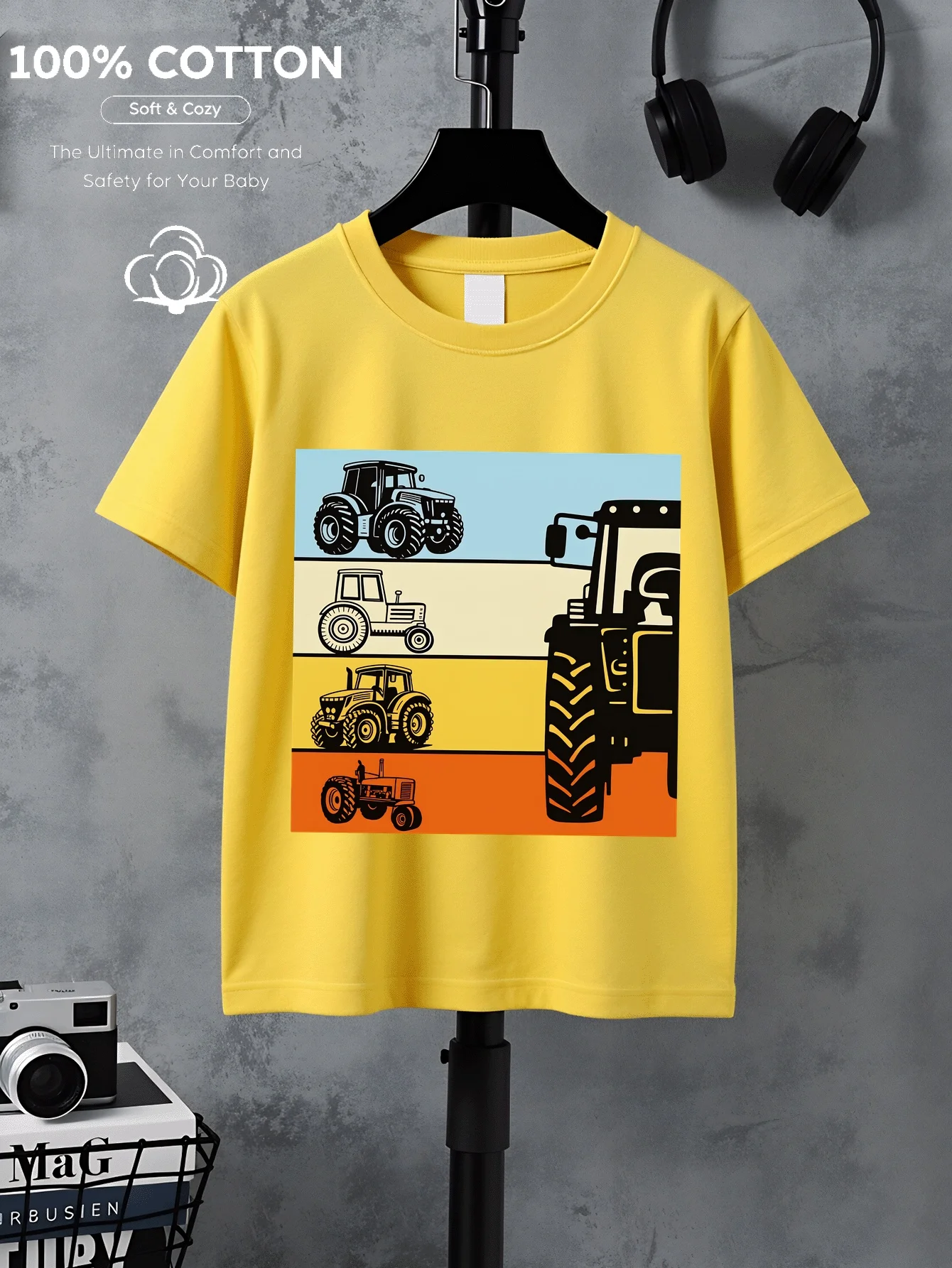 Children's T-shirt with Tractor Pattern Print, Comfortable Summer Children's Clothing, Fashionable and Fun Parent-child Outfit