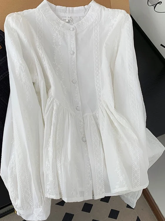 

Embroidered Stand Collar Long Sve irt Ele Pleated Casual Sle plus Size Women's Faion Breathable Autumn Top