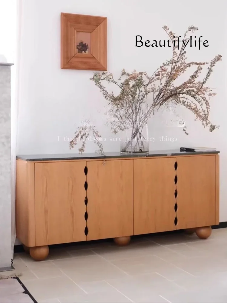 

Medieval solid wood marble dining side cabinet creative art entrance living room entrance foyer storage wall side cabinet