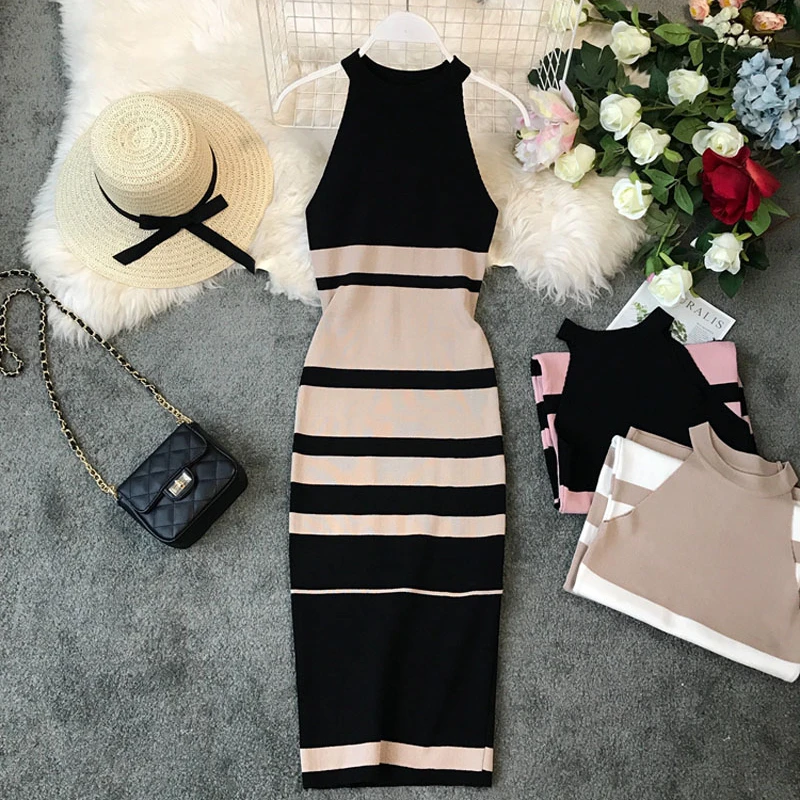 2024 summer women\'s hanging neck knit long dress round neck stripes hit color waist slim slim ming knit long dress office lady