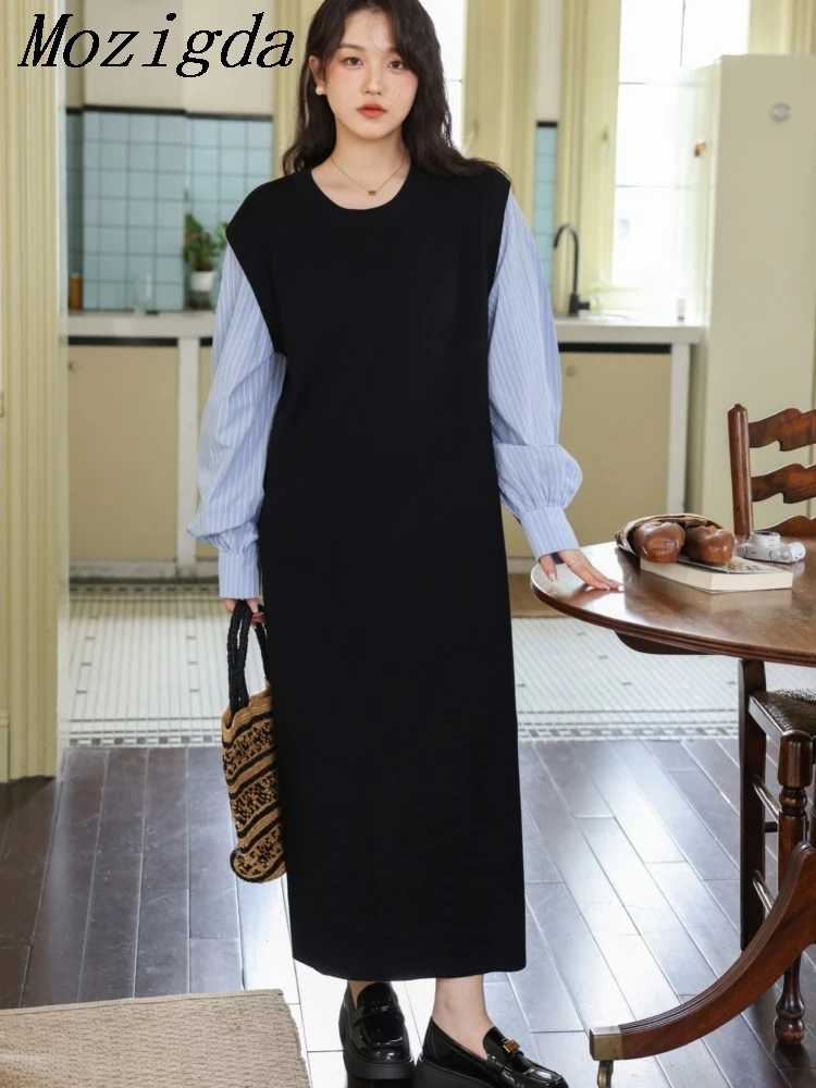 Spring Autumn Fake Two Blouse Loose Dress Women Patchwork Elegant Vintage Ladies Shirts Dresses Vestidos