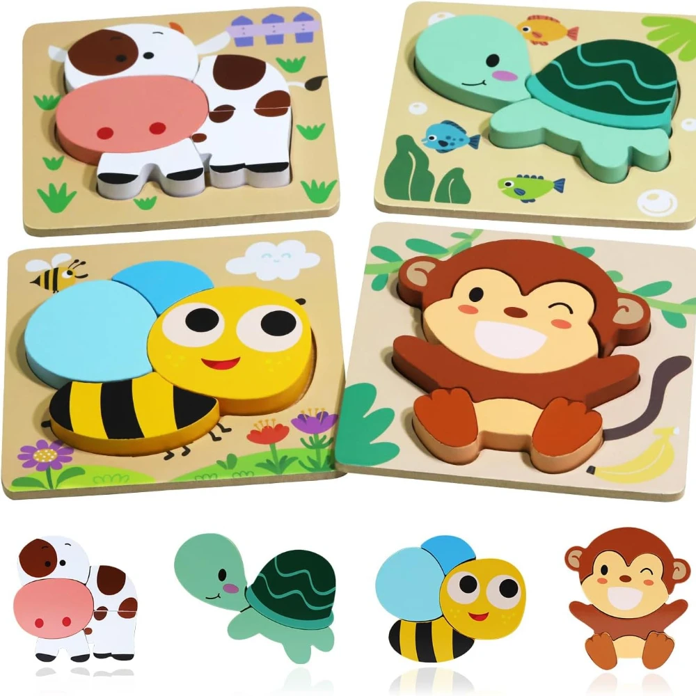 Wooden Puzzles Toddler, Montessori Toys,Montessori Learning for Toddlers 1-3 Christmas Birthday Gifts, 4 Animal Shape Jigsaw