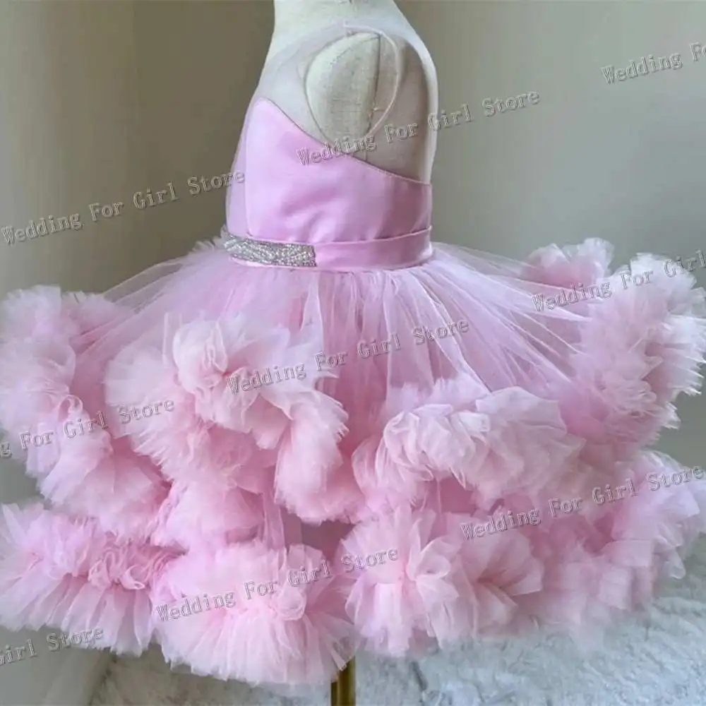 Cute Puffy Pink Flower Girl Dress Crystal Belt Little Princess Birthday Party Dress Cloud Tiered First Communion Gown