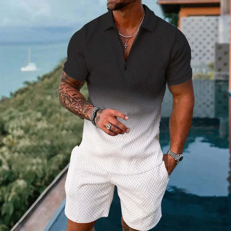

Interesting men's short sleeved set with 3D checkered printed fashionable zipper polo shirt and shorts, loose summer T-shirt set