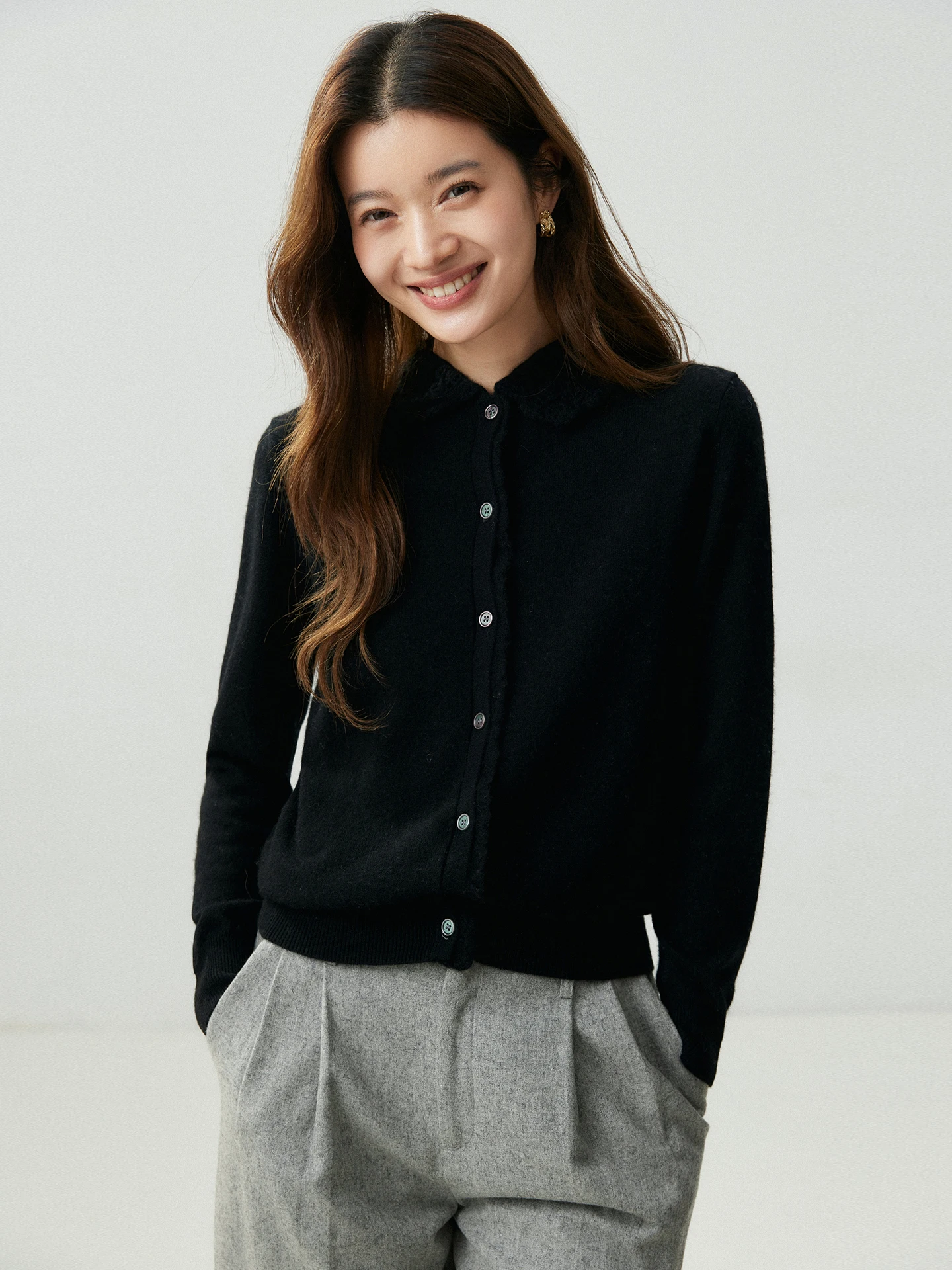 Luxury Soft Women Knit Cardigan Stylish Hand‑Embroidered Peter‑Pan‑Collar Outerwear Pure 100% Cashmere Autumn‑winter Solid‑color
