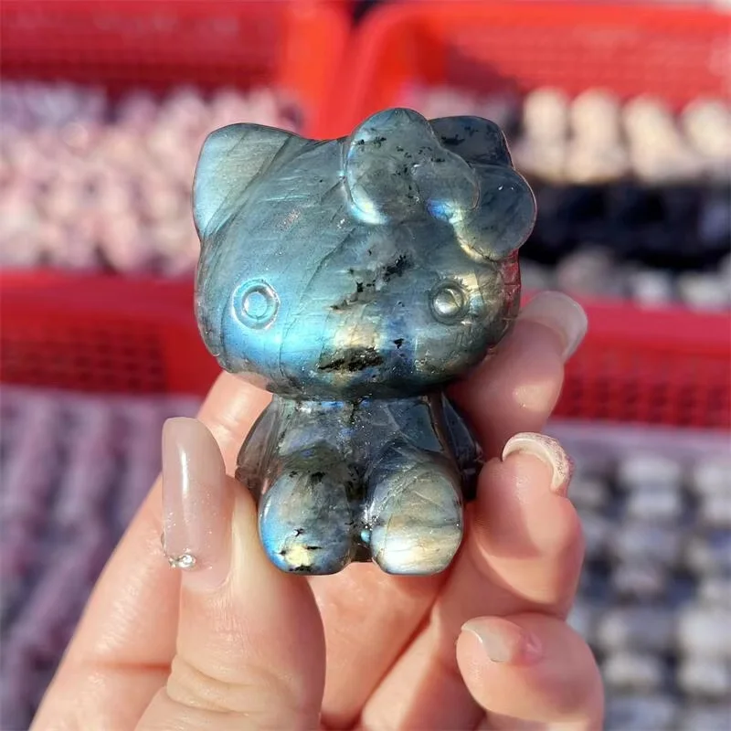 Natural Crystal Labradorite Quartz Sanrio Hello Kitty KT Cat Carving Polished Healing Figurine Home Decor Craft Gift