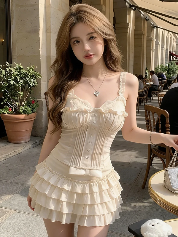

Spring Summer 2026 Women's Fashion Set Knot Crop Top And Skirt Two-Piece Suit Slimming Effect Short Sleeve V-Neck
