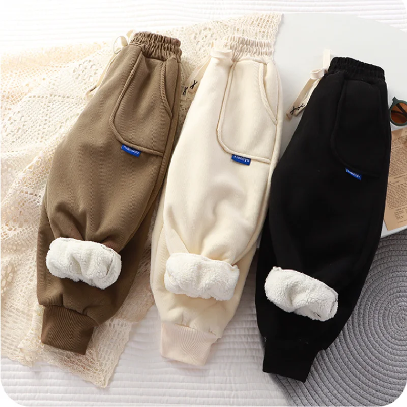 Kids Paded Pants Boys Girl Autumn Winter Plus Velvet Thick Warm Trousers Corduroy Outer Wear Sport Casual Pants Children Clothes