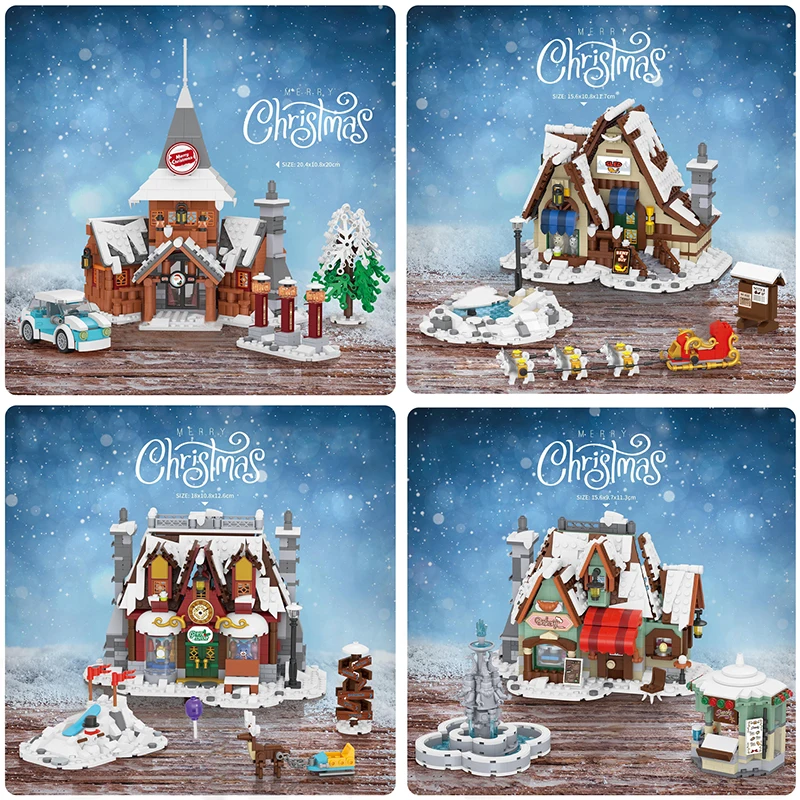 Loz Mini Street View Winter Town Santa Claus Home Building Block DIY Sled Shop Cake Shop Assembly Decor Toys Christmas Gifts