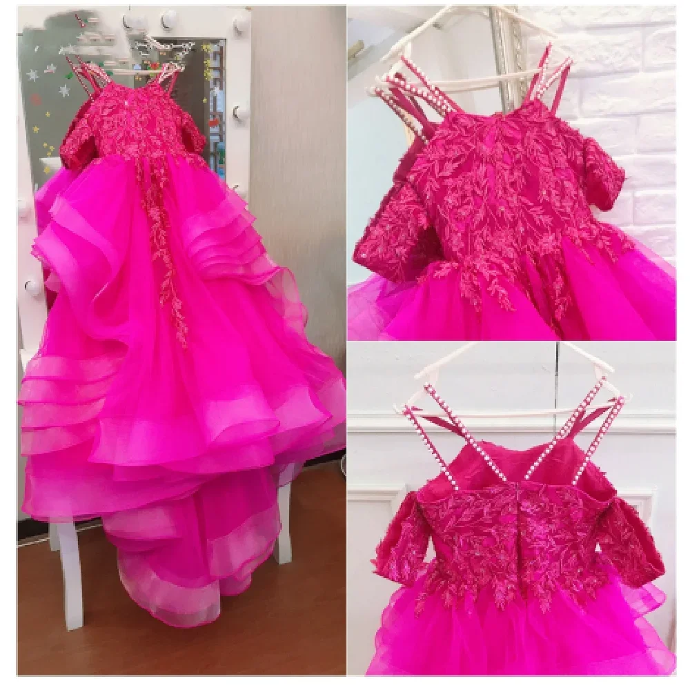 Vestido de flor de ombro inchado para meninas, fora da princesa, primeira comunhão, aniversário, casamento, vestido bonito para crianças, presentes infantis