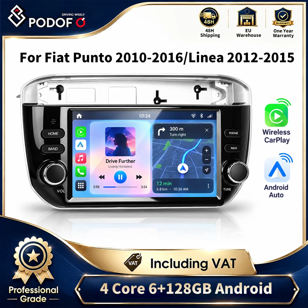 Autoradio Android Podofo con schermo touchscreen IPS da 7 pollici, 6GB+128GB, navigazione GPS, WiFi, Bluetooth, lettore FM USB, CarPlay wireless e Auto Mirror Link per Fiat Punto Linea