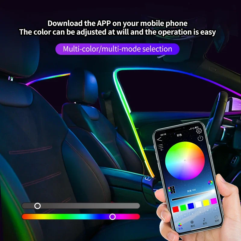 RGB LED Car Ambient Light Strip, 64-Color Music Sync Interior Door Frame Lights, Bluetooth/App/Remote Control, 8 Modes