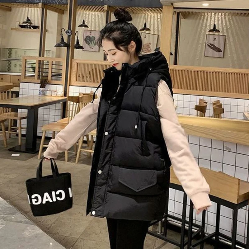 

plus Size 300 Pou Bla Hooded down Cotton Jaet Women's Winter Thiened Vest Korean Sle Commute Loose Fit ket Detail