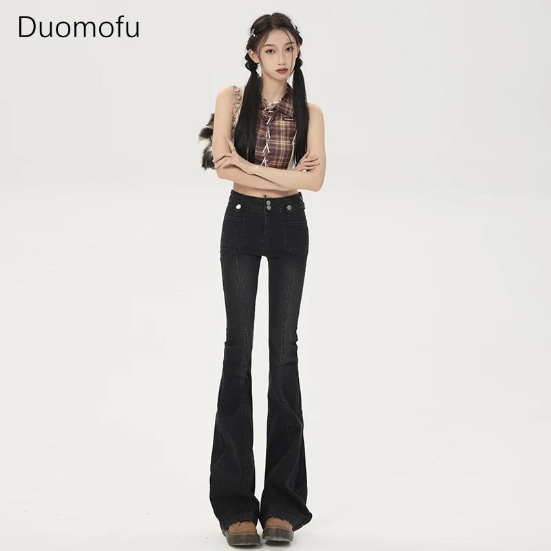 

Duomofu Vintage Basic High Waist Slim Sexy Women Jeans Autumn Chicly Flare Simple Casual Solid Color Fashion Button Female Jeans