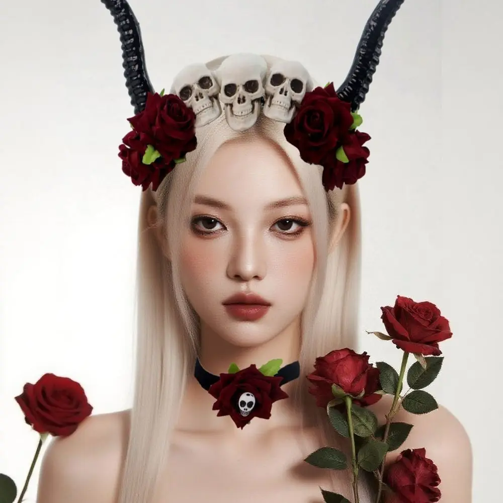 

Halloween Ox Horns Headband Skull Flowers Design Sheep Horn Hairband Unique with Neckband Red Rose Headband Women's Accessories