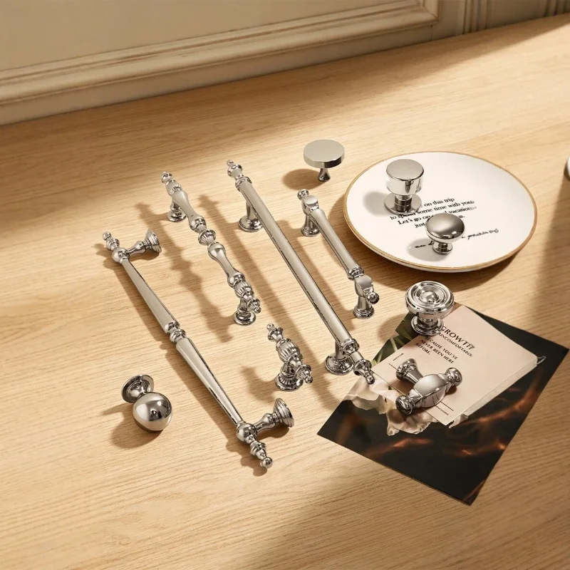 Light Luxury Bright Nickel Clothing Cabinet Door Handle French Titanium Silver Cabinet Handle High-end Mirror Furniture Handle