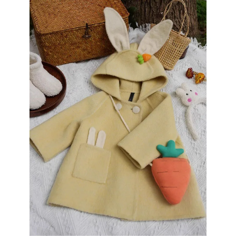 Autumn Winter Baby Girls Warm Hooded Rabbit Cartoon Animals Coats Woolen Jacket Kids Winter Outwear