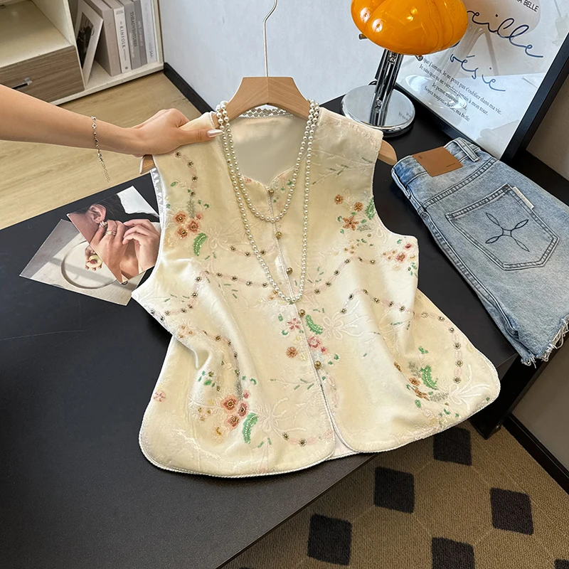 Ceco de Mujer de Manga Corta con Bordado Pesado Estilo Chino Nuevo, Novedad de Otoño, Sensación Premium, Sin Tirantes, Est...