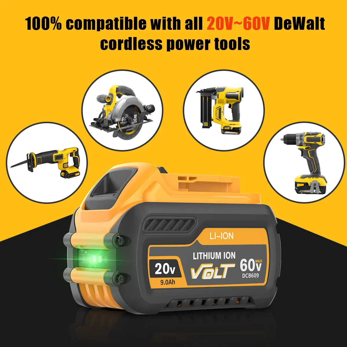 9.0Ah 60V Battery For Dewalt 20V Battery DCB609 Replacement Battery Li-ion Power Tool Battery For Dewalt Batteries With LED Lamp