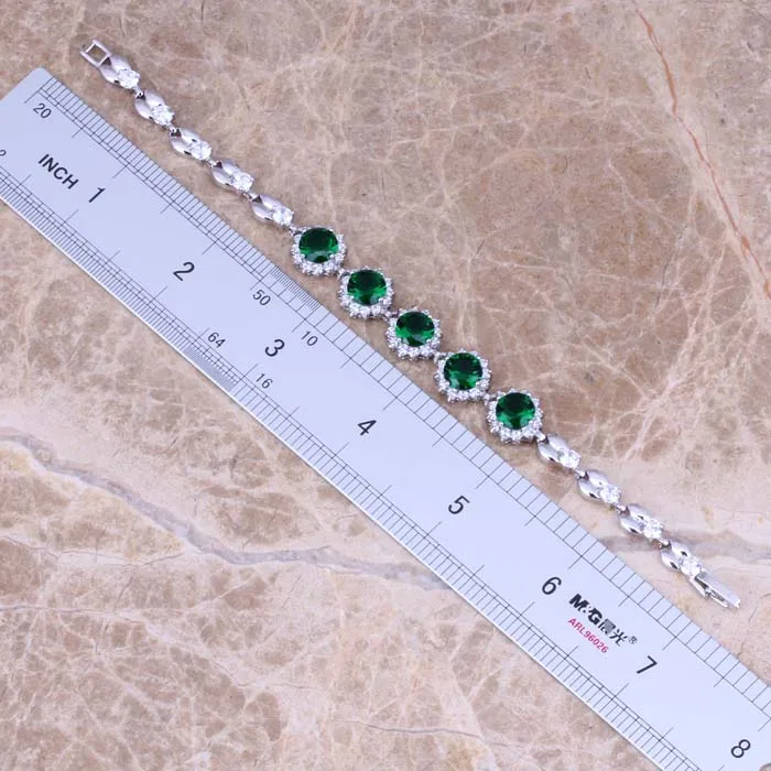 Fetching Green Cubic ZirconWhite CZ Silver Plated Link Chain Bracelet 7 inch S0622