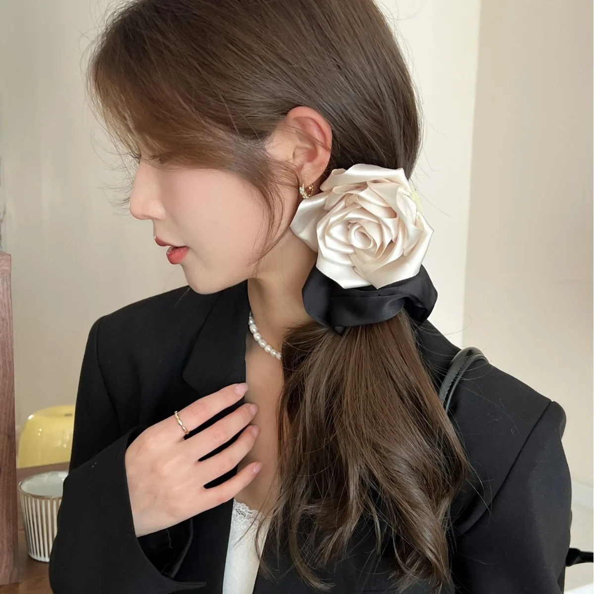 

Premium Fabric Camellia Hair Rope Champagne Black Color Elastic Ponytail Ring for Women Sophisticated Daily Chic