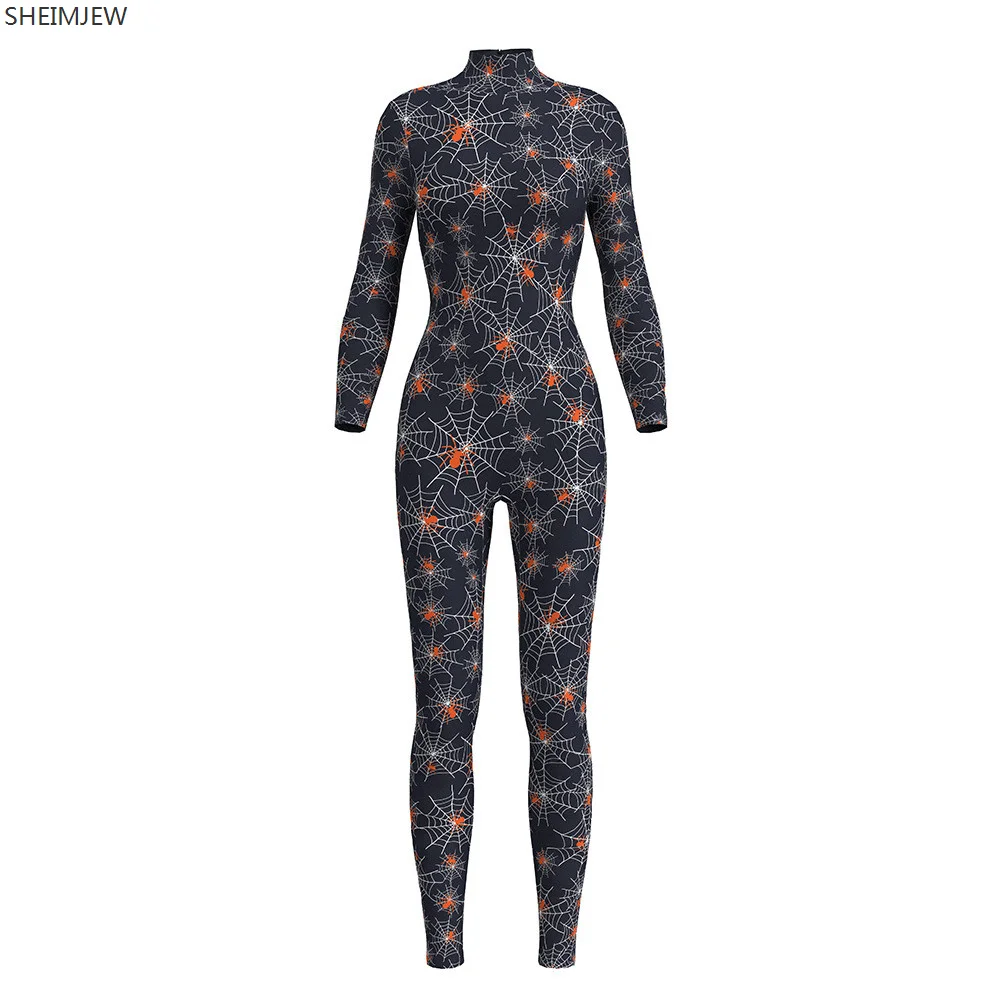 

Women Spider Web Print Catsuits Halloween Party Cosplay Costumes Adult Fashion Gothic Bodysuits One-piece Clothing