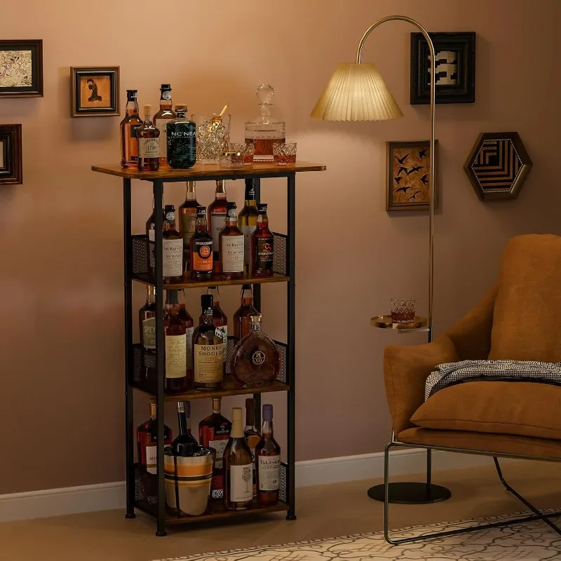 4-tier Whiskey Rack Mini Bar Cart, Multi-functional Home Bar Wine Cabinet Storage Trolley for Living Room Home Furniture Decor