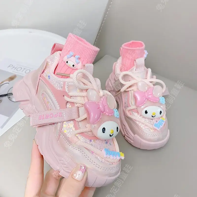 Anime Kawaii Sanrios My Melody Cinnamoroll Kuromi Kids Sneakers Cartoon Cute Luminous Daddy Shoes Girl Velvet Running Shoes Gift