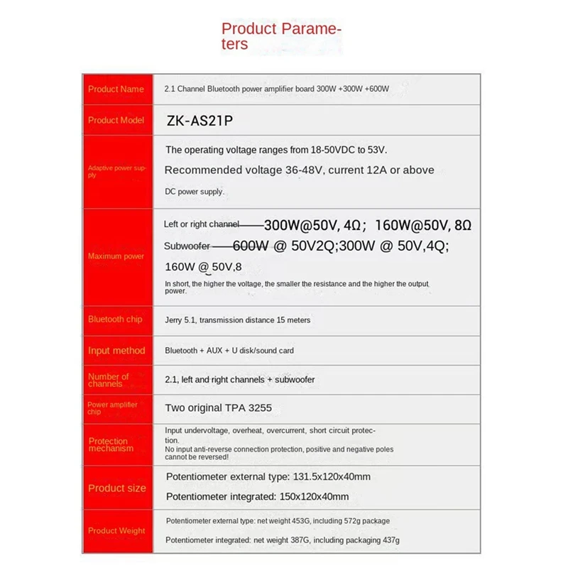 AS21P Bluetooth 5.1 Digital Power Amplifier Board 2.1 Channel TPA3255 DC 18-50V For Subwoofer Speaker