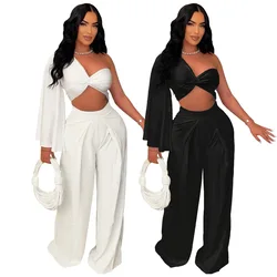 Women's Set Ruched One Shoulder Sleeve Crop Top and Wide Leg Pants Suits Street 2024 Two 2 Piece Set Outfit Tracksuit