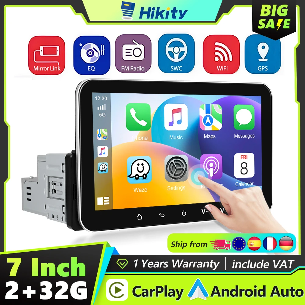 Hikity 7 ''شاشة تعمل باللمس أندرويد 1 الدين Carplay راديو ستيريو للسيارة مشغل وسائط متعددة مع بلوتوث واي فاي نظام تحديد المواقع راديو FM سبليت الشاشة
