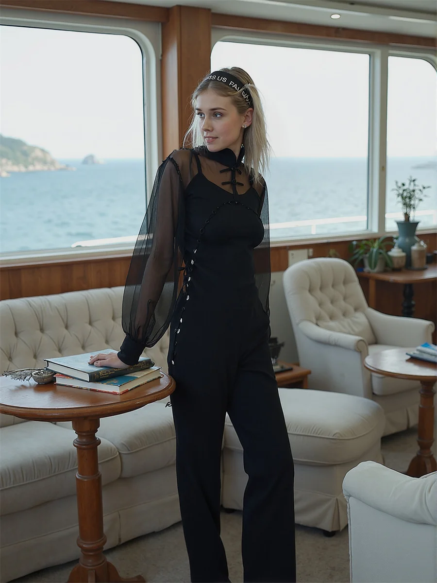 Chemise à manches longues pour femmes, noir, nœud papillon, col, nœud avant, bouton Preppy, étudiant, doux et mignon, Harajuku, hauts à la mode