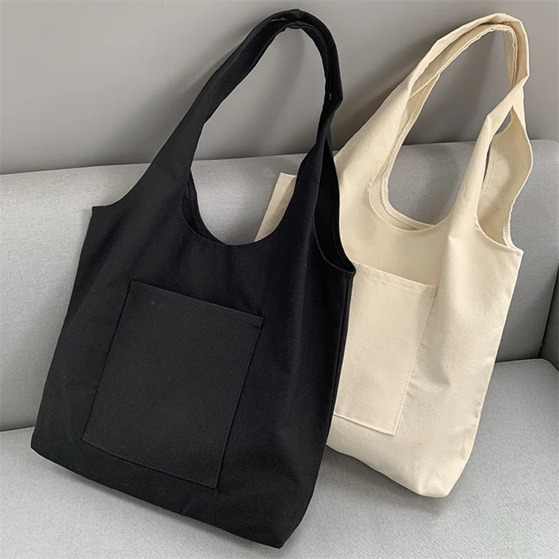 Women\'s Shopping Bags Canvas Commuter Vest Bag Cotton Cloth White Black Series Supermarket Grocery Handbags Tote School Bag