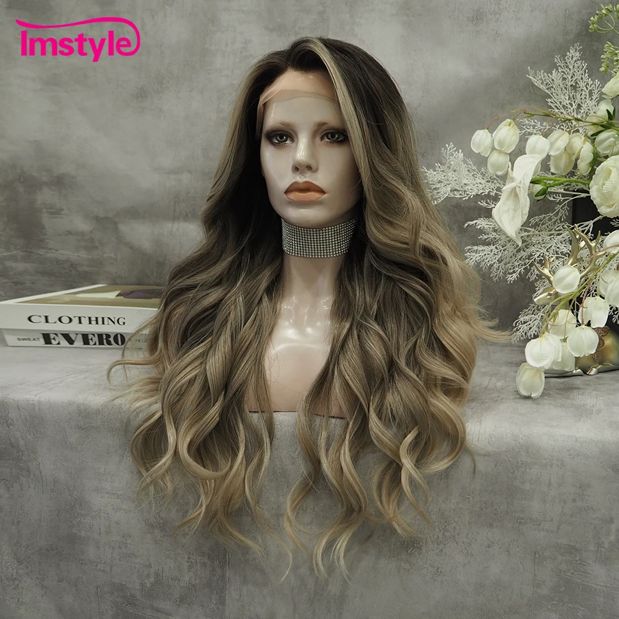 Imstyle Ombre Brown Wig Synthetic Lace Front Wig Long Natural Wavy Black Root Daily Blonde Wigs For Women Heat Resistant Fiber