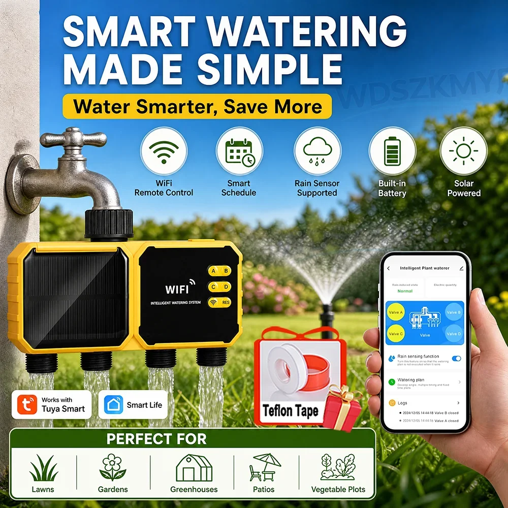 Solar Powered 2/4-Zone WiFi Watering Timer Smart Life & Tuya APP Control Programmable Automatic Irrigation System Waterproof