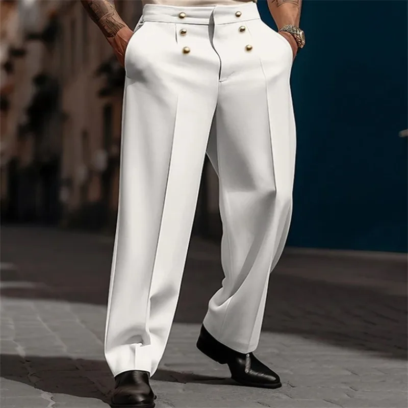 

Men's Solid Color Formal Dress Pants Fashion Simple Button Decor Mid Waist Straight Leg Trousers for Daily Wear